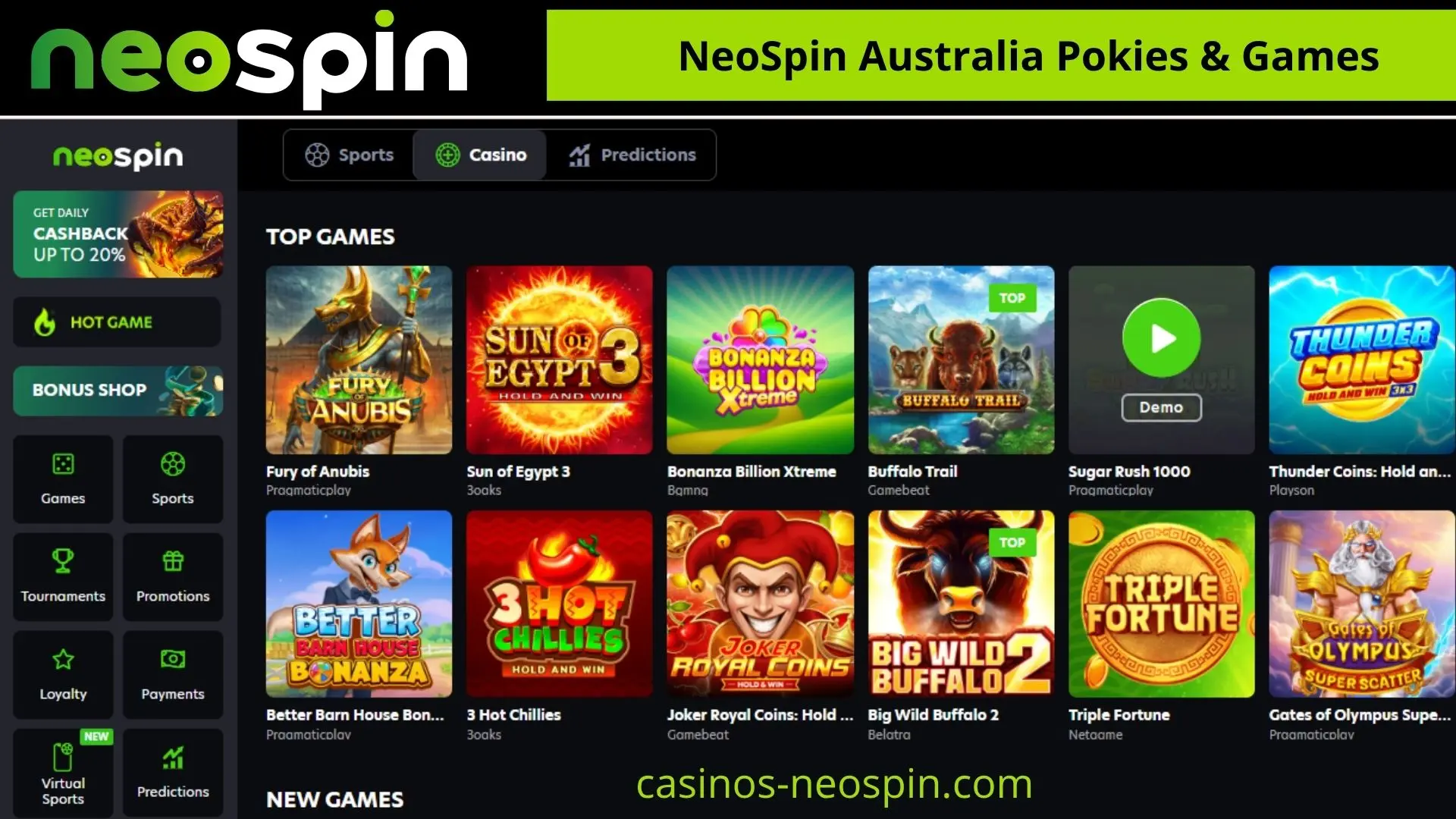 NeoSpin Australia pokies and online games lobby