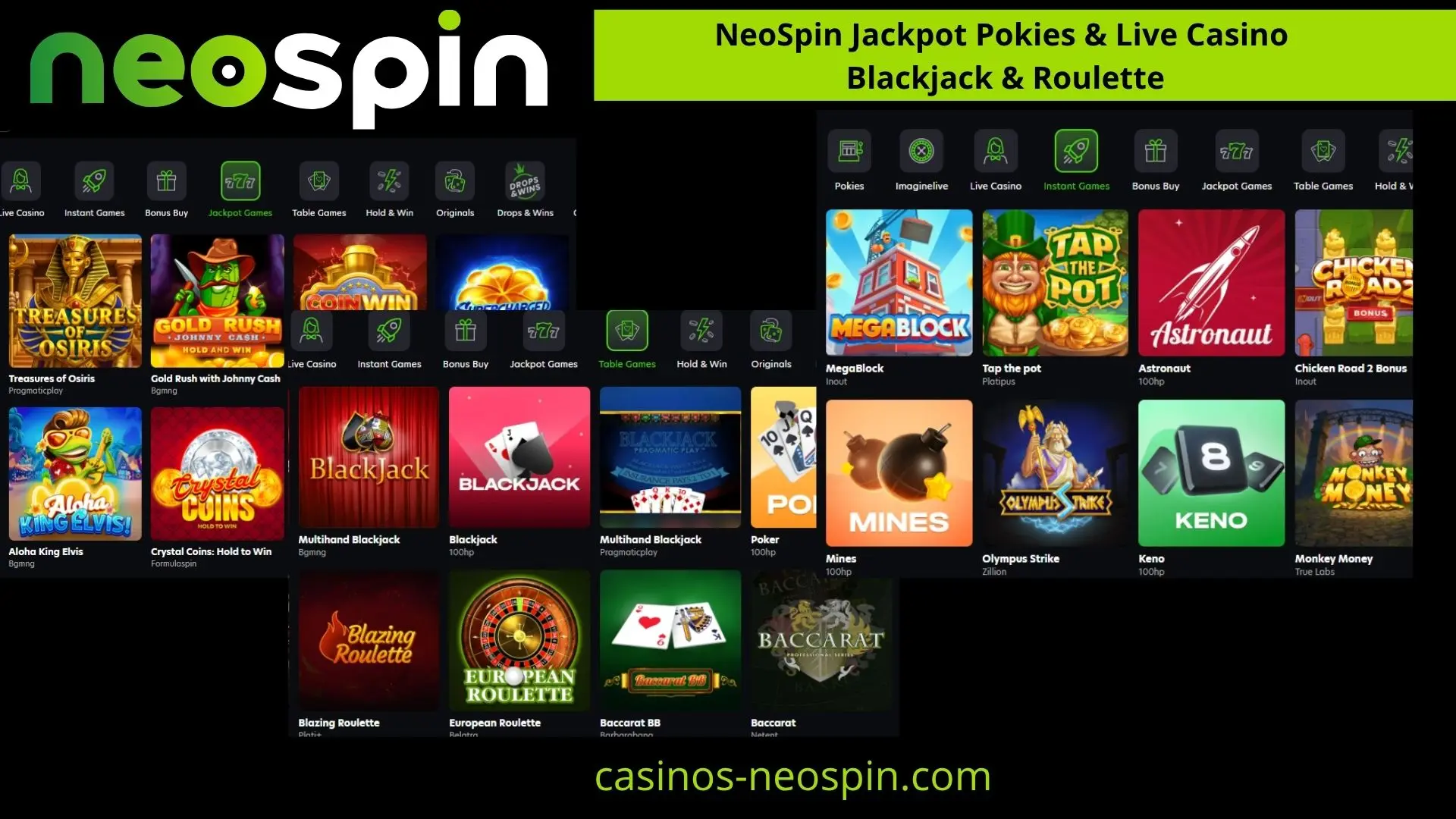 NeoSpin jackpot pokies, blackjack and roulette games
