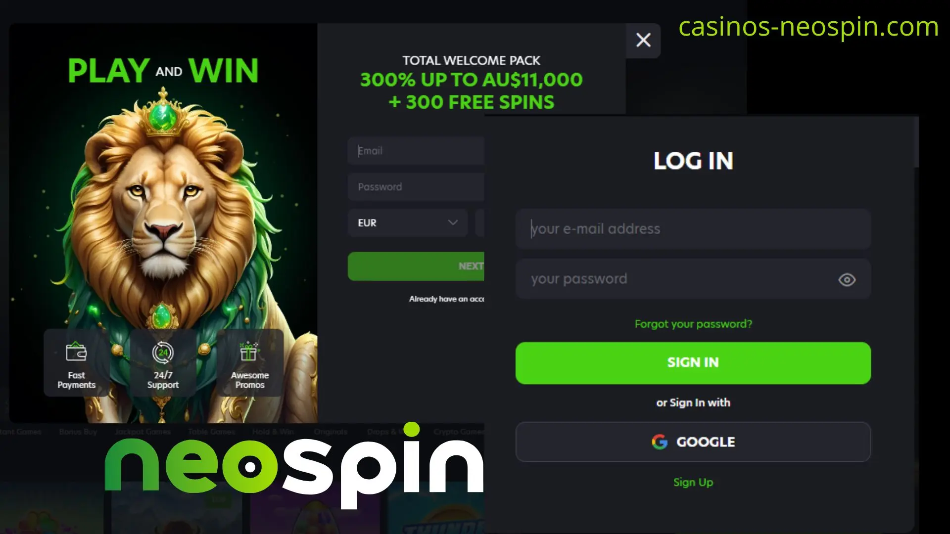 Neospin Australia registration and login screens